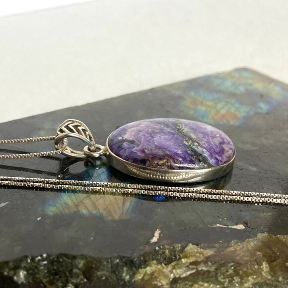 Sterling Silver 925 Oval Bezel Set Purple Charoite Pendant Necklace 22" Chain - Picture 4 of 16